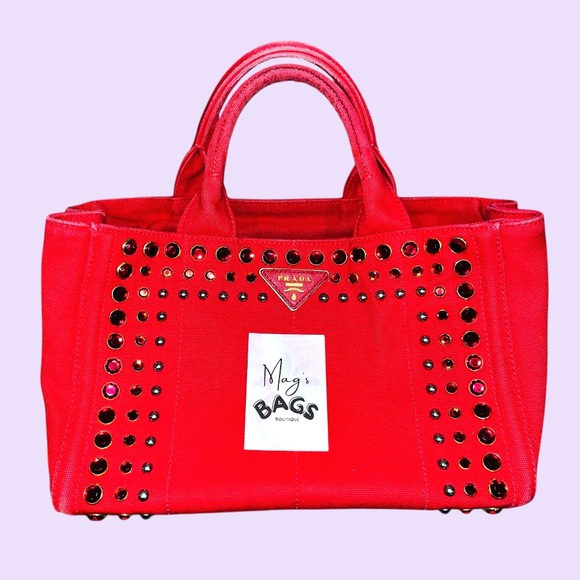 Prada: Rhinestone Studded Bijou Canapa Tote Bag (Red)